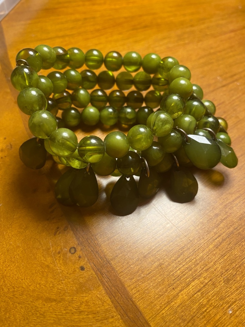 Vintage Olive Green Beaded Wrap Bracelet with Teardrop Charms - Women Jewelry
